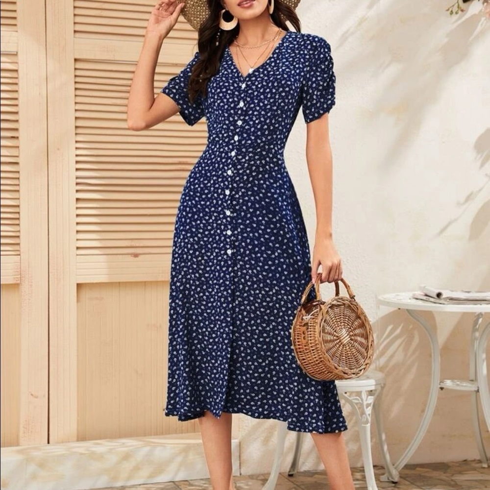 Boho blue polka dots button through slit dress - Picture 5 of 5